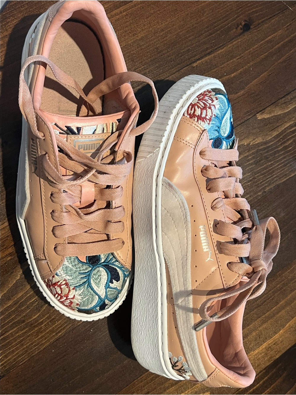 Puma Pink Leather Embroidered Floral Platform Sneakers